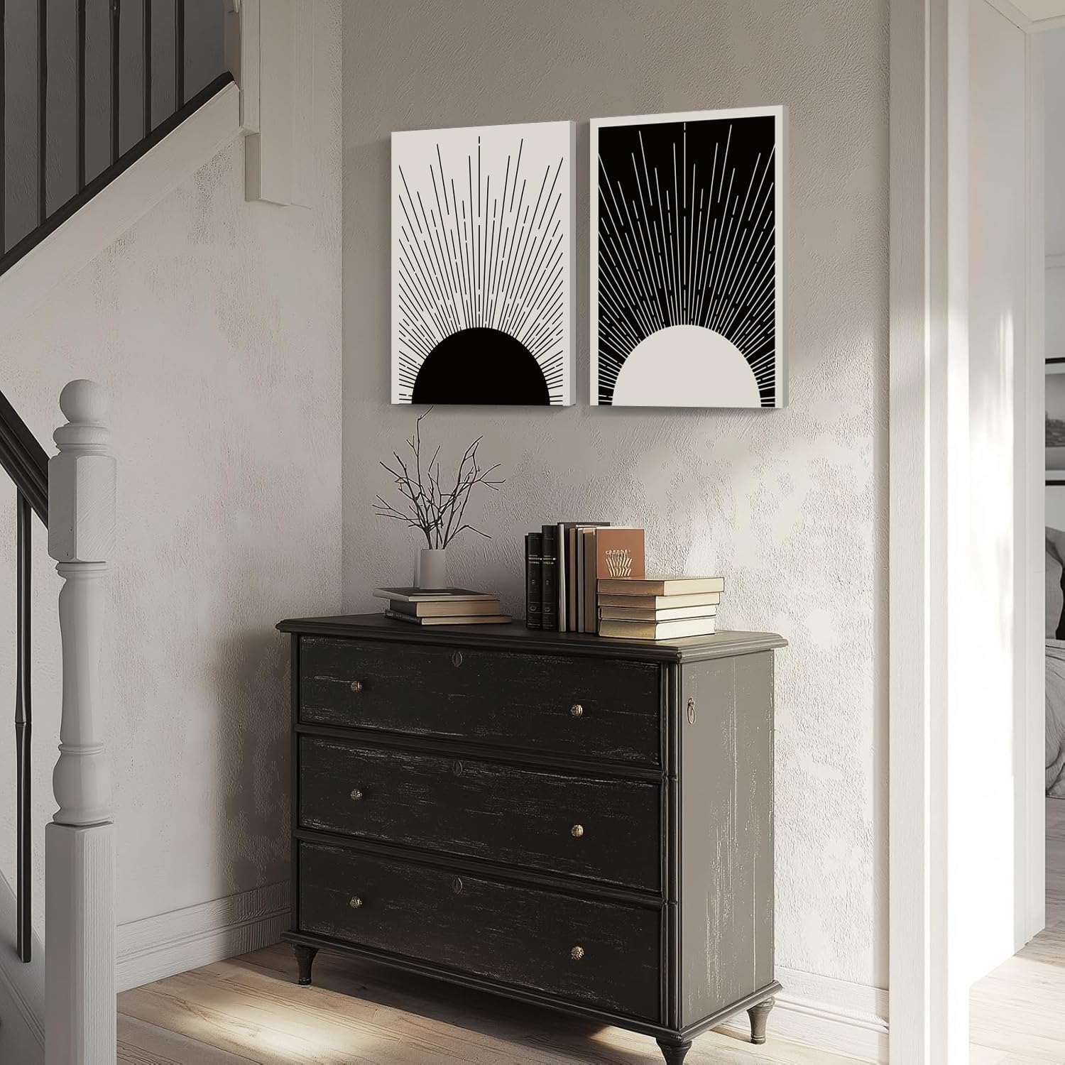 Hwetui Framed Boho Sun Wall Art Set of 2 Black and White Minimalist Sunrise Canvas Prints Abstract Sunshine Painting Geometric Line Pictures Home Decor for Living Room Bedroom Bathroom 16x24in