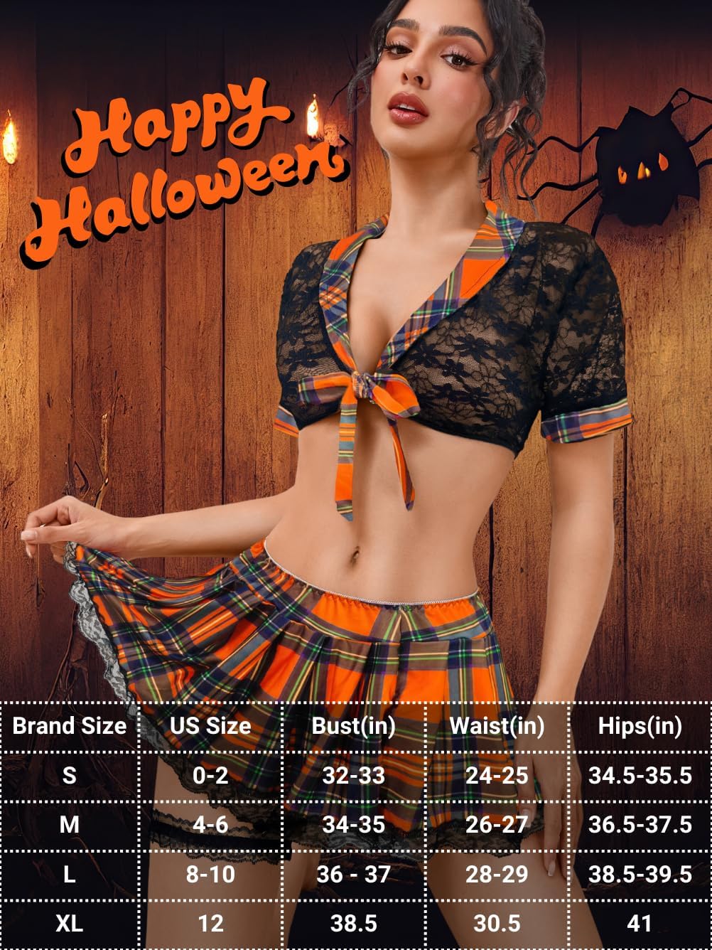 ShawGobow 4 Piece Cosplay Lingerie,Floral Lace Tie Front Top & Plaid Mini Skirt Set,Sexy Halloween Costume Woman