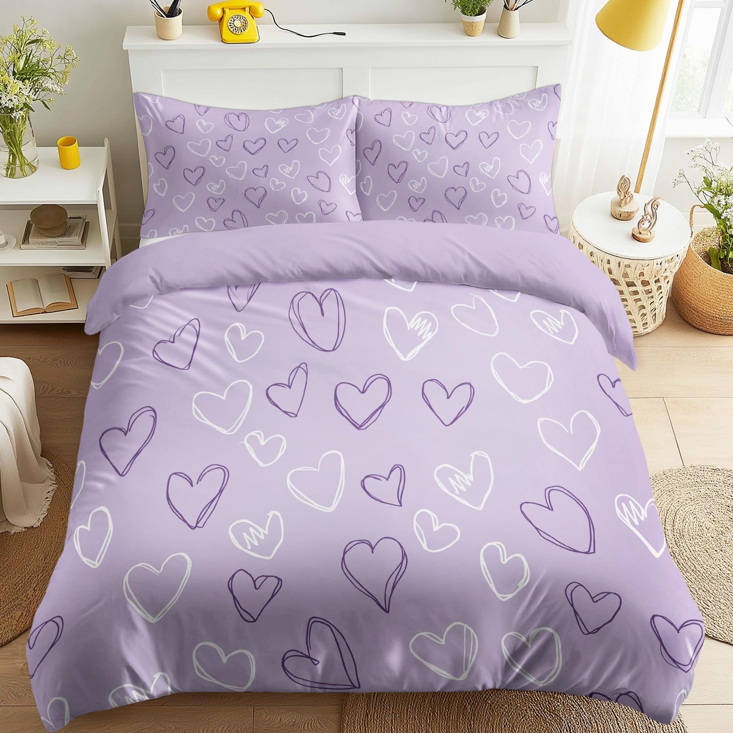 Generico Set Copripiumino Matrimoniale 260 x 240 cm, Carino Cuore per Bambini Ragazze, Viola, Minimal, Sacco Copripiumino Reversibile in Microfibra, Delicato sulla Pelle