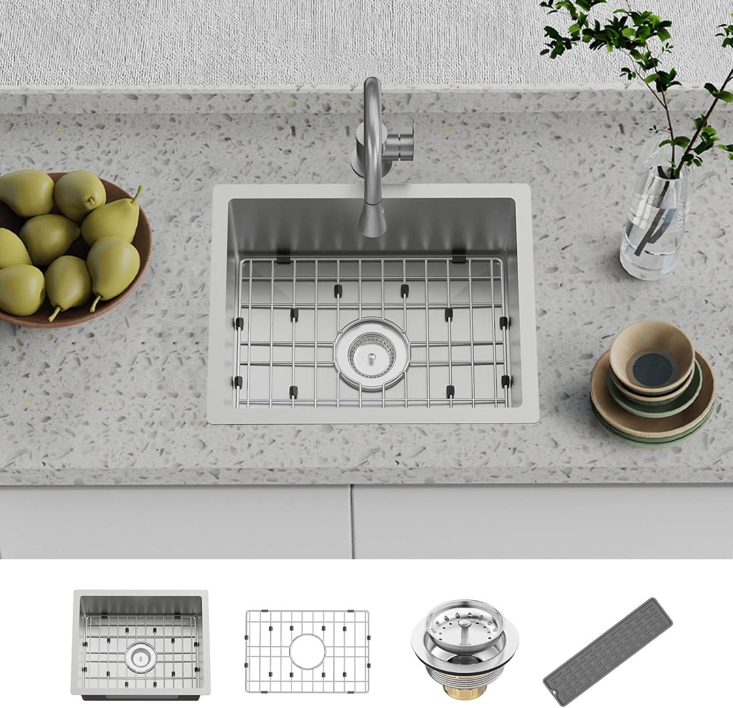Kitchen And Bar Sink, 20x16 Inch Stainless Steel Undermount Modern Single Bowl Small Kitchen And Bar Sink Combo-SS Grid,Silicon Mat,Drain Strainer Set Compatibility With Various Kitchen&Bar Style