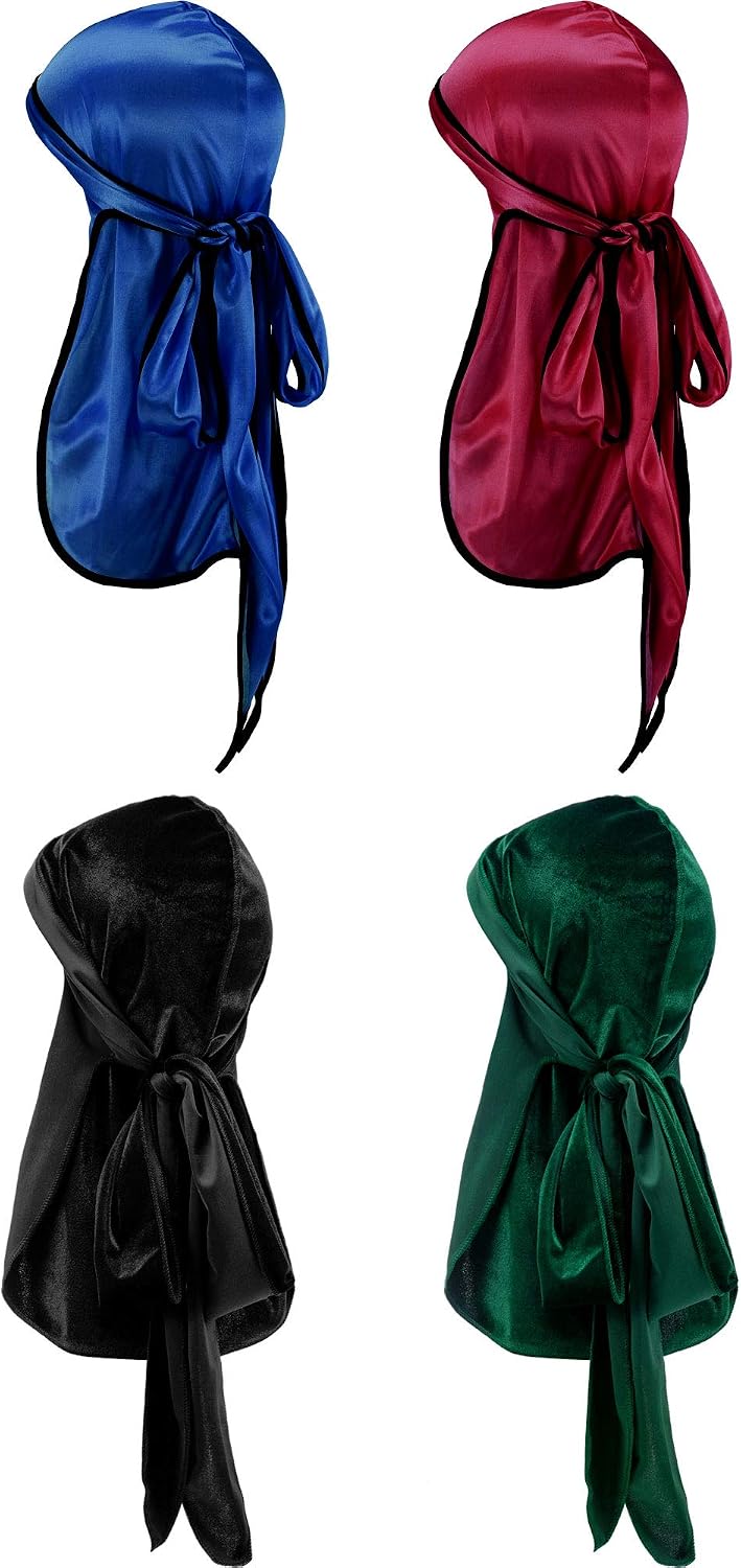 Tatuo 2 Pieces Velvet Durag and 2 Pieces Silky Soft Durag Cap Headwraps with Long Tail and Wide Straps for 360 Waves(Navy Blue, Wine-Red, Black, Green)