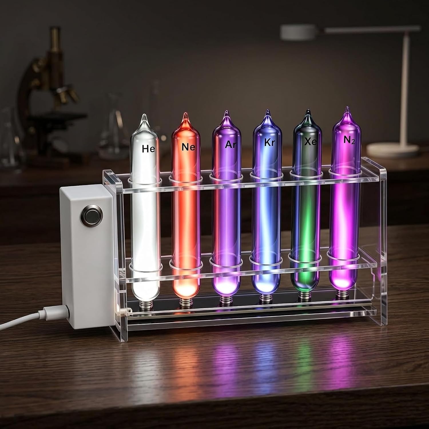 Tubos De Gases Nobles, Juego De Tubos Luminosos De Gases Raros con Base Excitadora, Elementos Luminosos Sellados Al Vacío De 99,999% De Pureza (he, Ne, Ar, Kr, Xe) para Experimentos Científicos,