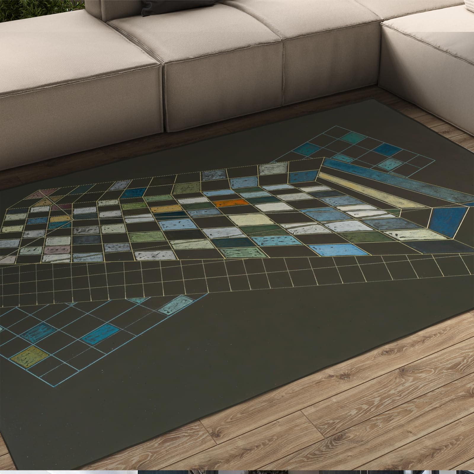 Tapis de fond gris foncé style Kandinsky 90x150cm et tapis d'appoint lavable salon