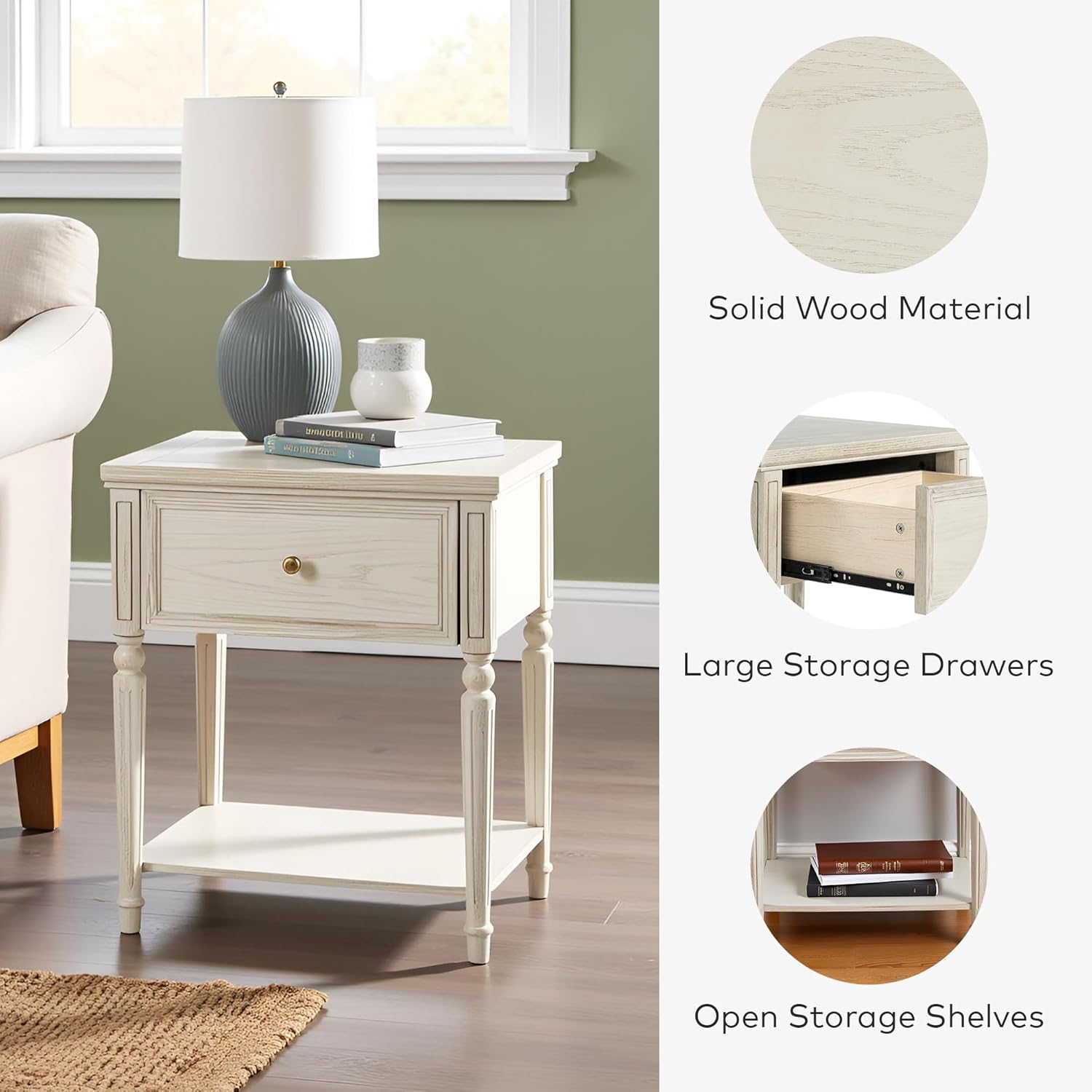 Solid Wood Nightstands Set of 2 with Drawer, Farmhouse End Table Sofa Side Table with Storage Shelves, Real Wood Beside Table Accent Table for Small Spaces, Living Room, Easy Assembly (Vintage Gray)