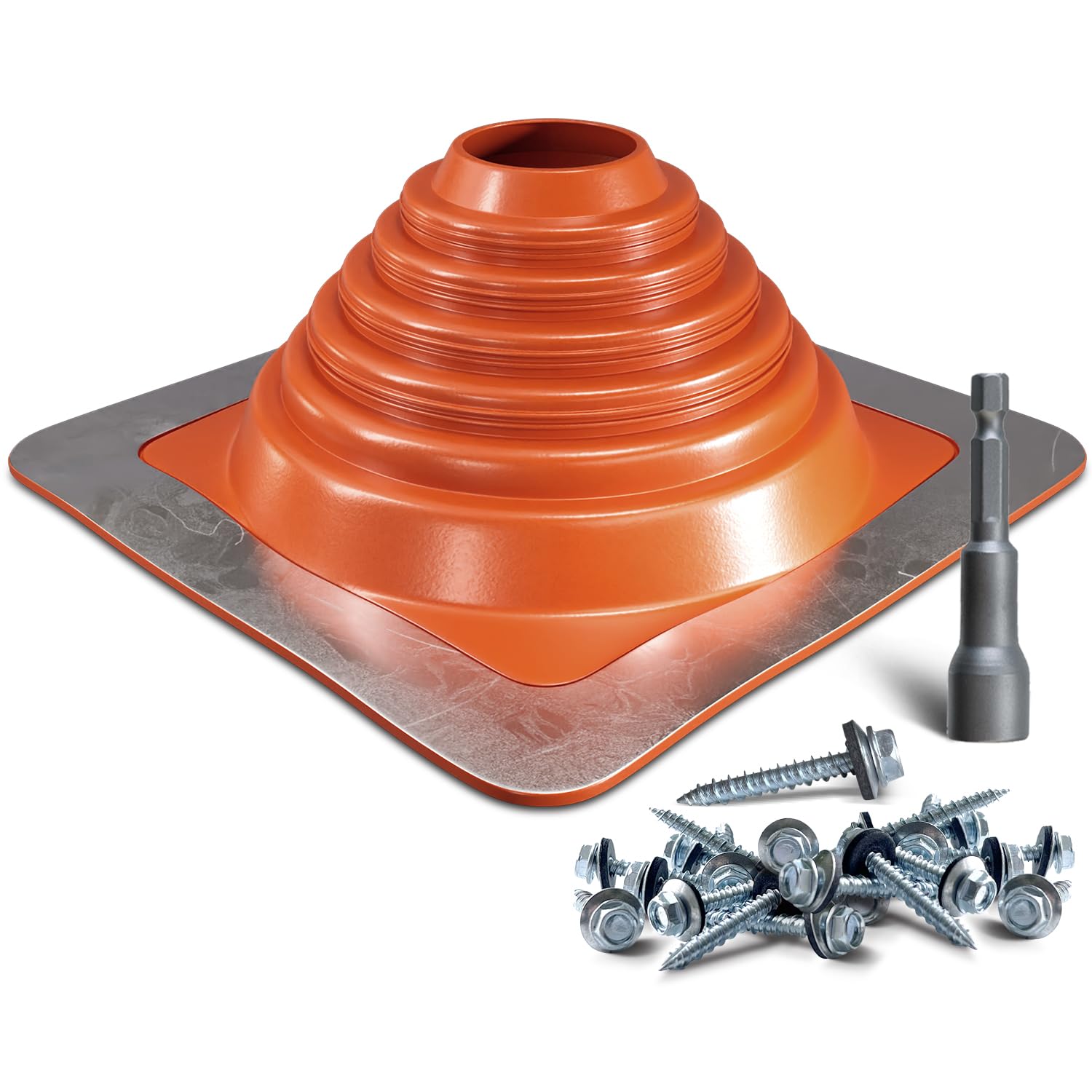 VIVIDA #4 Silicone Metal Roof Pipe Flashing, High Temp Flexible Roof Jack Vent Boot for Pipe OD 2-3/4" to 7", Roofing Screws & Hex Socket Included, Square Base, Red, 1 Pack