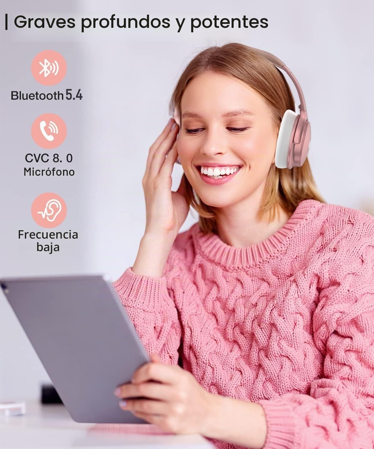 INFURTURE Auriculares Inalámbricos Bluetooth, hasta 90 Horas de Autonomía con Carga Rápida y Estilo Diadema,Regalos para Hombres, Mujeres,Adolescentes,Yoga,Entrenamiento,Fitness,Relax,Viajes - Rosa