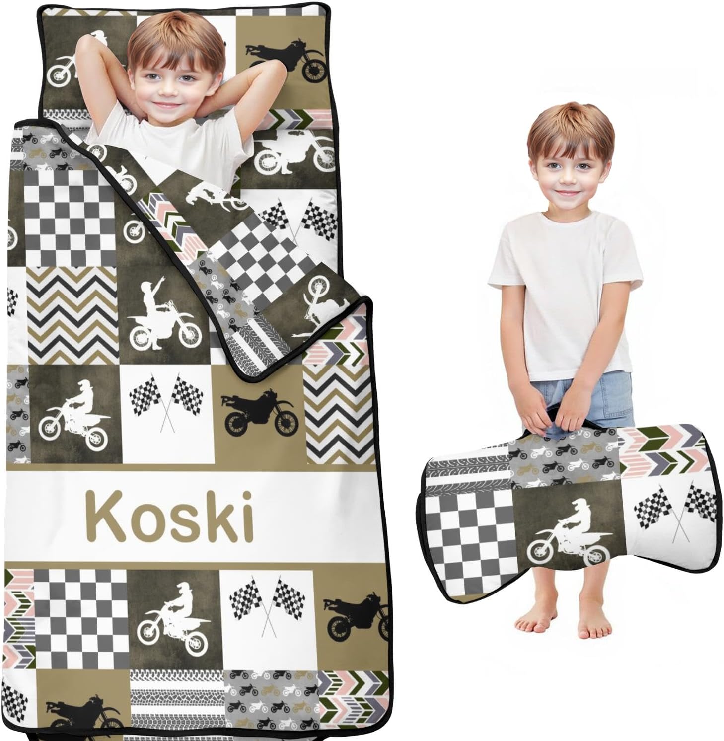 Personalized Dirt Bike Nap Mat for Boys – Custom Name Toddler Sleeping Bag with Pillow & Blanket – Motocross Race Sleeping Mat for Daycare, Preschool, Kindergarten, Travel