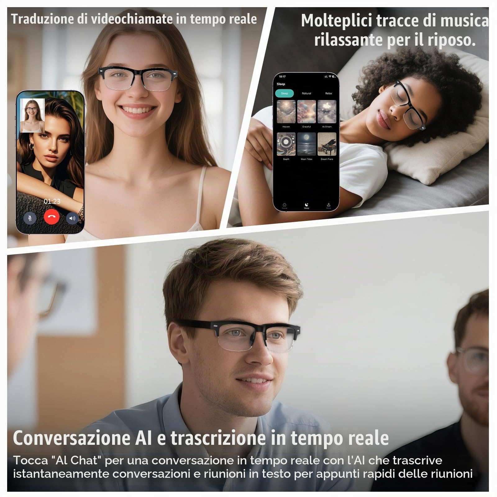 Occhiali Intelligenti IA, Occhiali di Traduzione Bluetooth con 164 Lingue, Lenti Fotocromatiche, Design Semi-Montatura, Applicazione Gratuita, Occhiali Bluetooth per Lavoro, Viaggi e Passeggiate