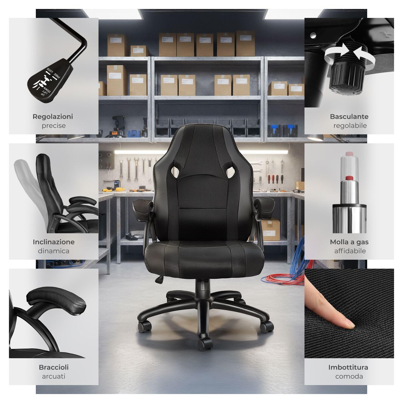 tectake® Sedia da Ufficio Ergonomica, Poltrona Gaming con Rivestimento in Similpelle, Regolabile in Altezza, Rotazione a 360 Gradi, Base Stabile con 5 Rotelle, Design Sportivo - Nero