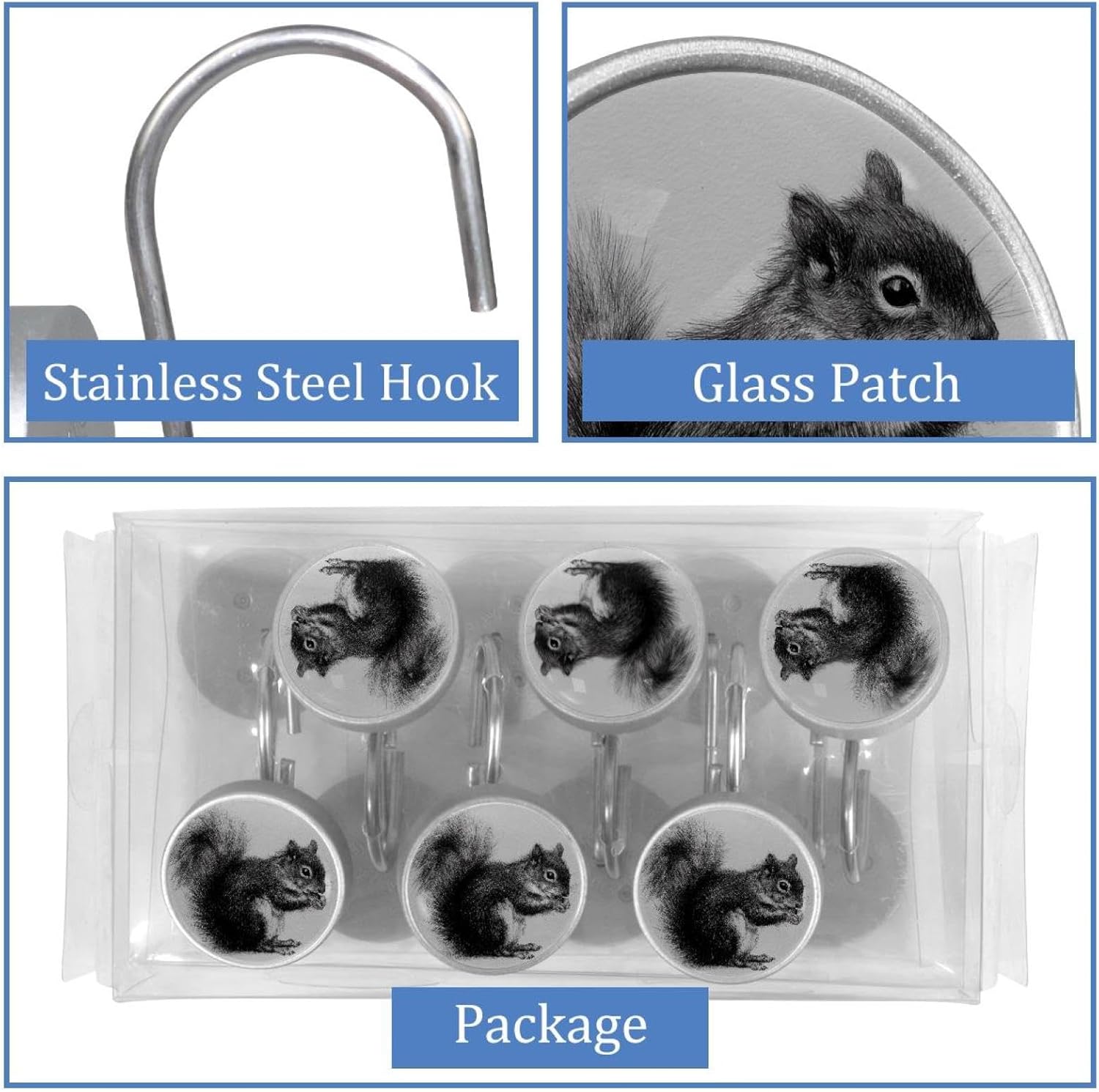 Squirrel (3) Round Crystal Glass Decorative Shower Curtain Hooks with 3D Pattern Visual, Rust Proof Shower Curtain Rings-12 Pack