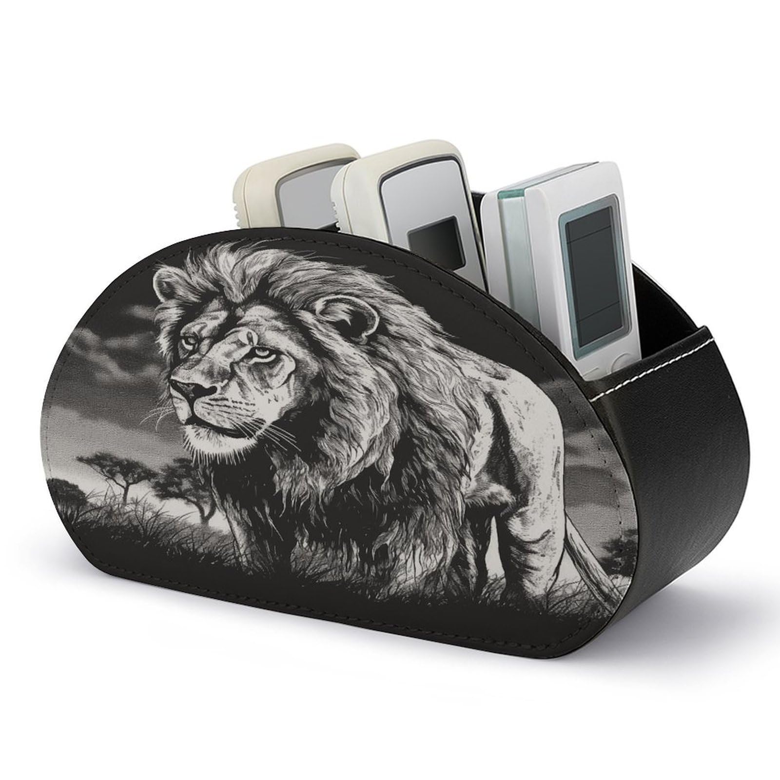 VstaDank Lion Black And White Illustration Remote Control Holder with 5 Compartments PU Leather TV Remoter Caddy Desktop Organizer TV Remote Holder Remote Box for Media Controllers Office Supplies