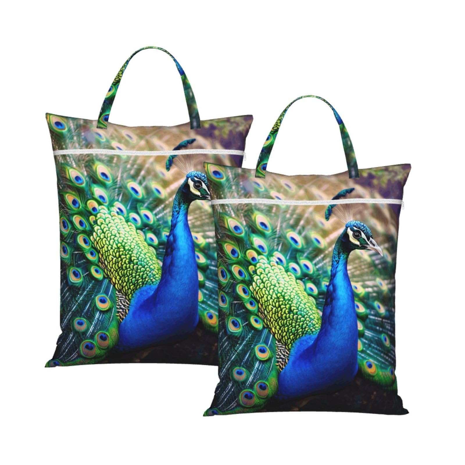 Large Travel Laundry Bags,Beautiful peacock Print with Handle Foldable Laundry Bag for Holidays Gym Swimming and Family Trips, 2Pcs
