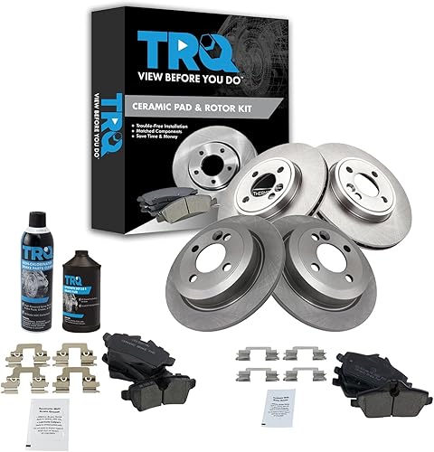 TRQ Kit de pastillas de freno delanteras y traseras y rotores Kit de productos químicos de freno, pastillas de freno de cerámica compatible con Mini