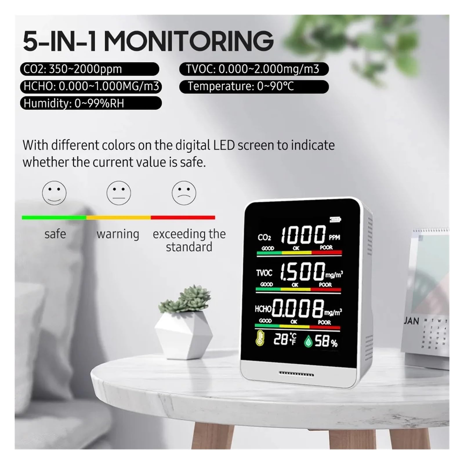 Medidor Digital De CO2 5 En 1, Sensor Temperatura Y Humedad, Monitor Calidad del Aire, Detector Dióxido Carbono TVOC HCHO