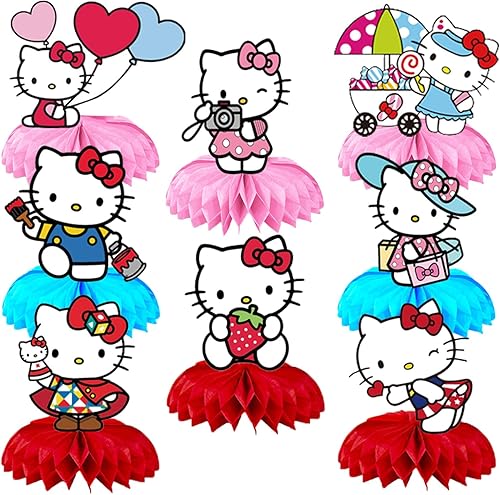 Decoraciones de fiesta de cumpleaños Kawaii Kitty, 8 piezas de centro de mesa temática de Sanro Kitty, accesorios para cabina de fotos, decoración