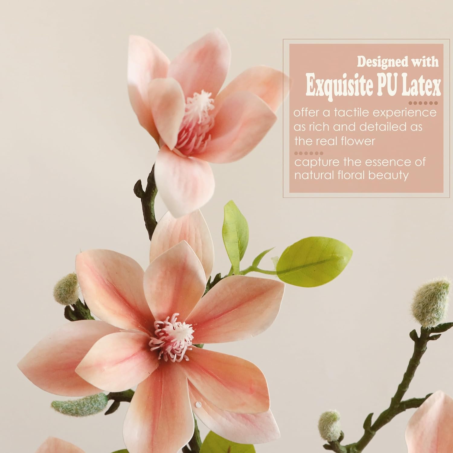 4pcs Magnolia Flowers Artificial, 22 Inch Faux Magnolia Stems with Buds and Leaves, New Desgin Premium Artificial Magnolia Branches for Home Decor Wedding, Dusty Pink