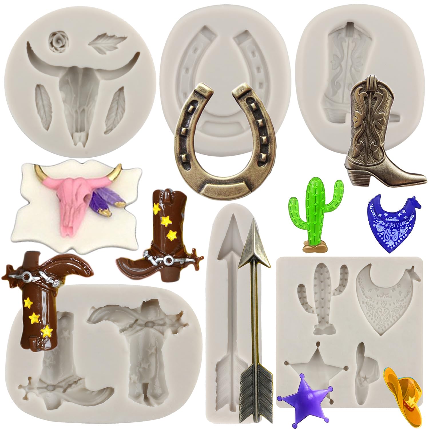 Bull Head Silicone Moulds Feather Arrow Cowboy Boots Horseshoe Hoof Fondant Mould Chocolate Cactus Star Shoe Mould for Candy Cake Decorating Cupcake Topper Gum Paste Polymer Clay Set of 6