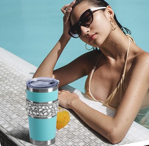 Miniatura 7 de Vaso de acero inoxidable con aislamiento al vacío con tapa y pajita, vaso brillante de 20 onzas con diamantes de imitación, para viaje, para café,