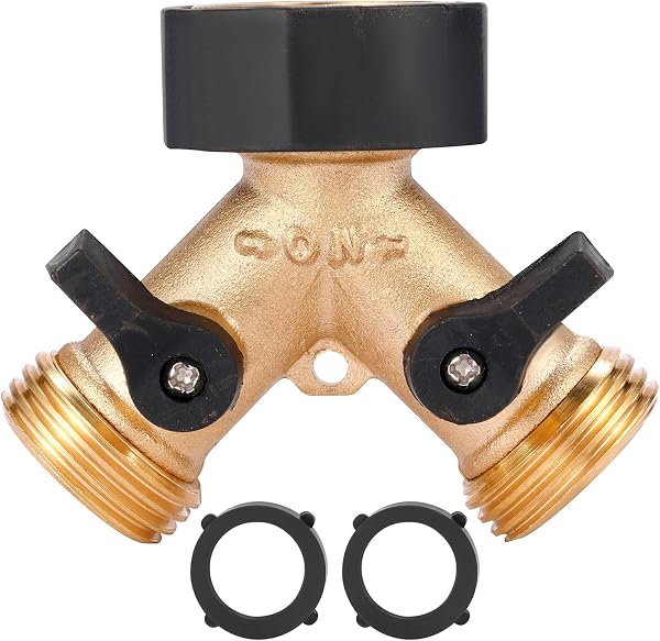 Sanpaint Garden Hose Splitter 2 Way Heavy Duty, Y Connector Brass Garden Hose Adapter, Hose Bib Splitter with 2 Extra Ru
