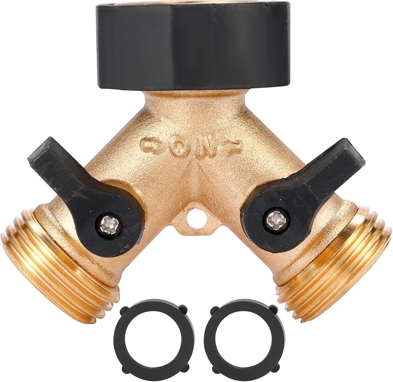 Garden Hose Splitter 2 Way Heavy Duty, Y Connector Brass Garden Hose Adapter, Hose Bib Splitter with 2 Extra Rubber Washers | Brass Garden Hose Adapter Hose Bib Splitter with 4 Extra Rubber Washers