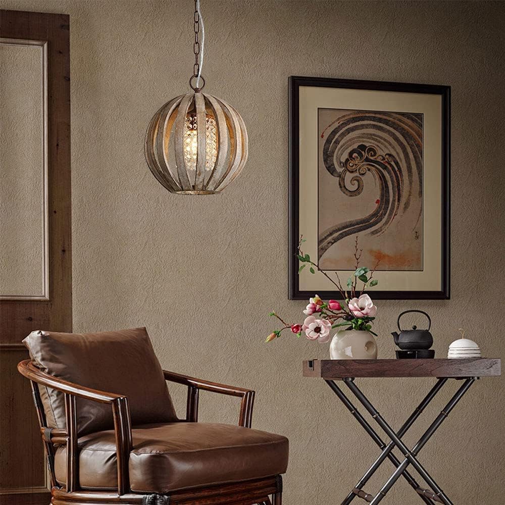 E27 1-Light Semi-Embedded Ceiling Hanging Light Distressed Wooden Suspended Chandelier Metal Crystal Shade Pendant Lamp Adjustable Set Luminaire Restaurant Bar Cafe Lighting Interesting