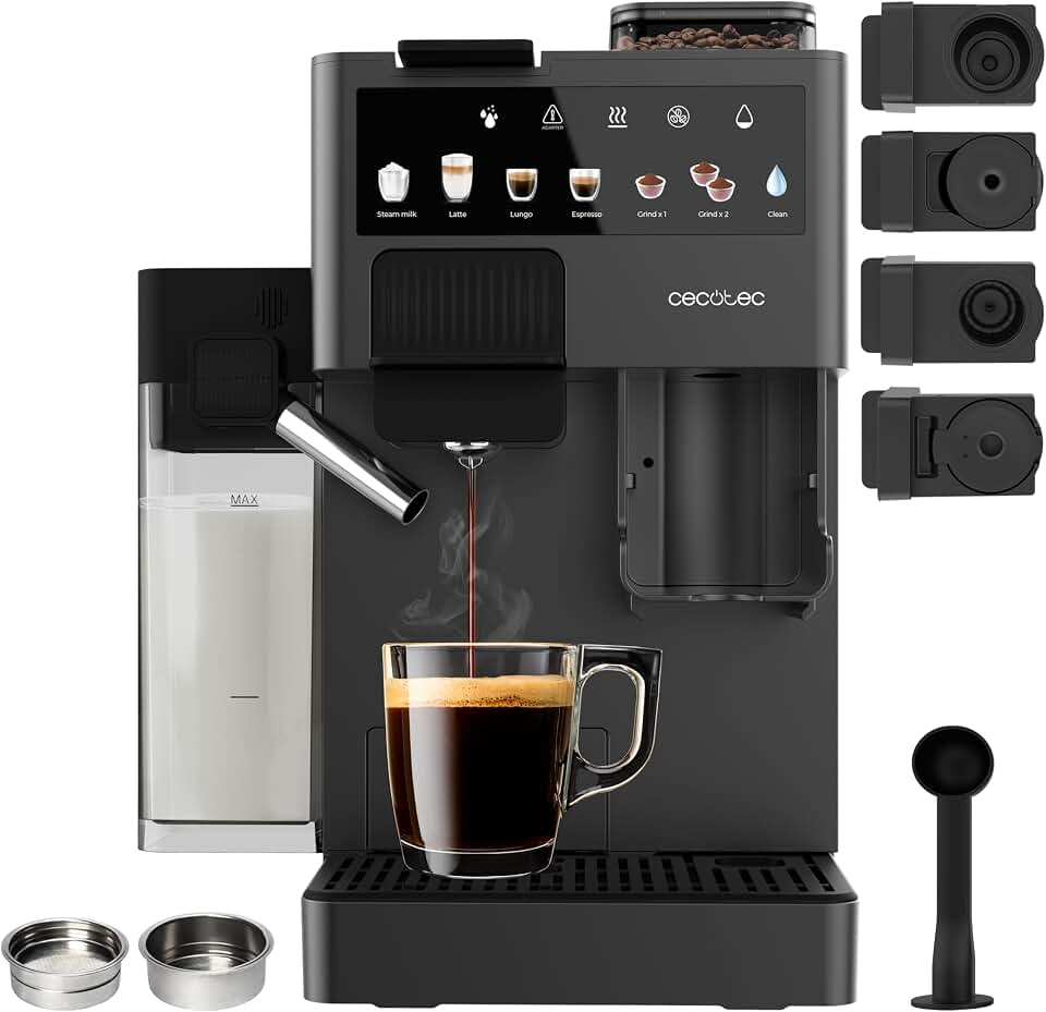 Cecotec Cafetera de Cápsula Freestyle Grind & Latte. 1400W, 20Bares, Multicápsulas, Café Grano 40g, Molinillo Cónico, 1.6L Depósito Agua, 300ml Leche, Thermoblock, Pantalla Táctil, Limpieza Automática
