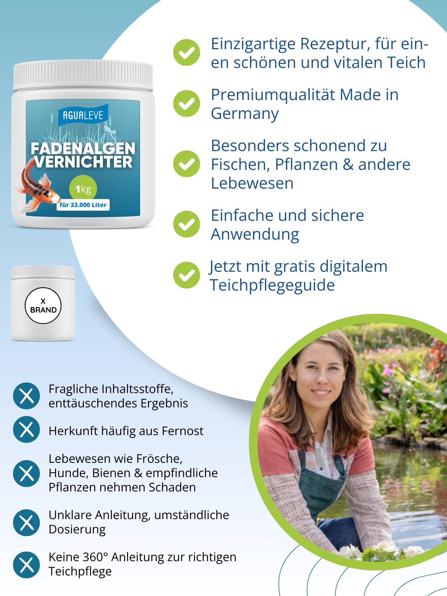 AGUALEVE® Fadenalgenvernichter 1kg *NEU* | extrem effektiv gegen Fadenalgen Dank innovativer Aktivsauerstoff-2.0-Formel | Fisch-, Garten- & Schwimmteiche | Made in Germany | für 33.000l Teichwasser