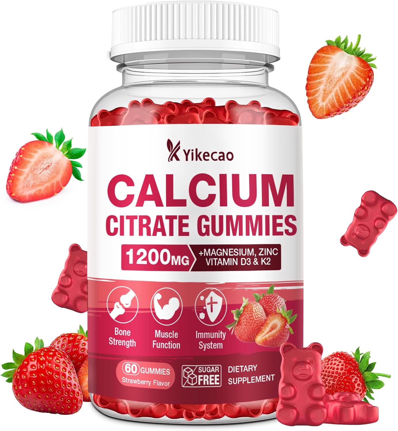 2 Pack Calcium Citrate Gummies 1200mg, Calcium Supplements for Women & Men, Calcium Gummies with Vitamin D3, K2, Magnesium, Zinc, Potassium, Muscle & Immune Support, Strawberry Flavor, 120 Count