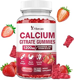 Calcium Citrate Gummies 1200mg, Calcium Supplements for Women & Men, Calcium Gummies with Vitamin D3, K2, Magnesium, Zinc, Potassium, Muscle & Immune Support, Strawberry Flavor, 60 Count