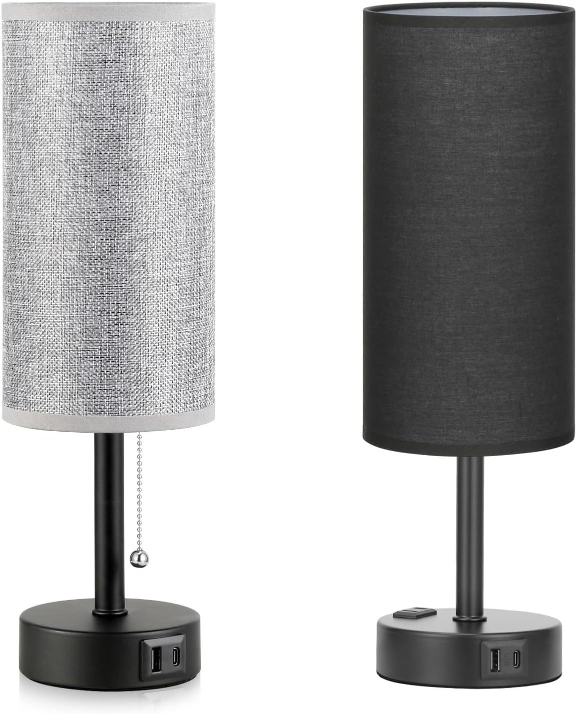 Fenmzee Black Grey Bedside Lamp for Bedroom Set of 2 - Small Table Lamp with USB A + C Charging Port, Night Stand Light with Bulb, Side Table Desk Reading Lamp for Living Room