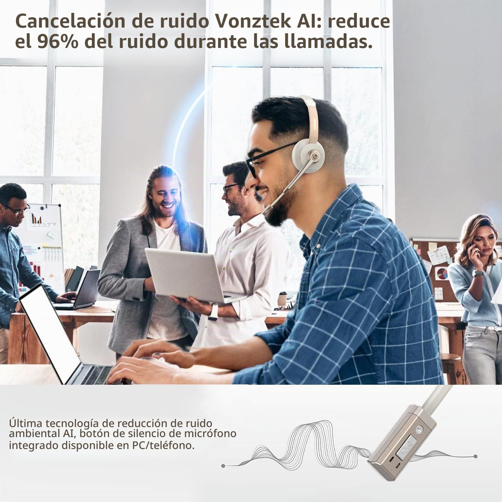 Auriculares inalámbricos QCC v5.1 Bluetooth con micrófono, micrófono CVC cancelación de ruido y silencio/base de carga/dongle USB, 26 horas manos libres para teléfonos celulares/equipos Ms
