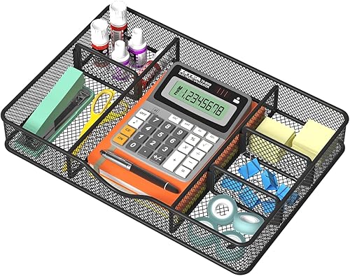 Miniatura 1 de Organizador de cajones de escritorio, bandeja organizadora de cajones de malla metálica con 6 compartimentos ajustables, organizador de bandejas