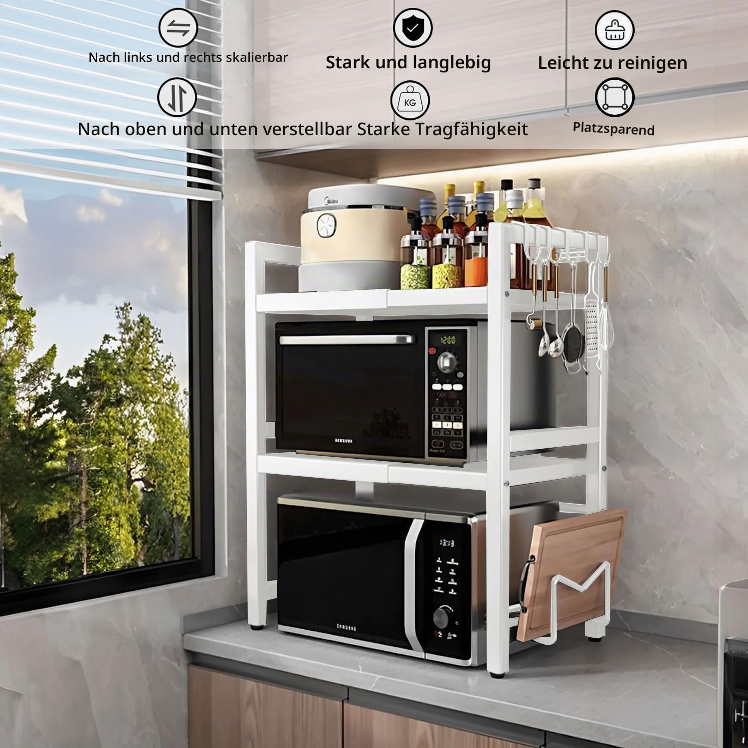 devesanter Mikrowellen Regal 3-Stufiges Ausziehbar arbeitsplatte Bäckerregale mit 6 Haken,Küchenregal Gewürzregal Mikrowellenschrank Organizer für Küchen Ausziehbar von 40-64cm Weiß