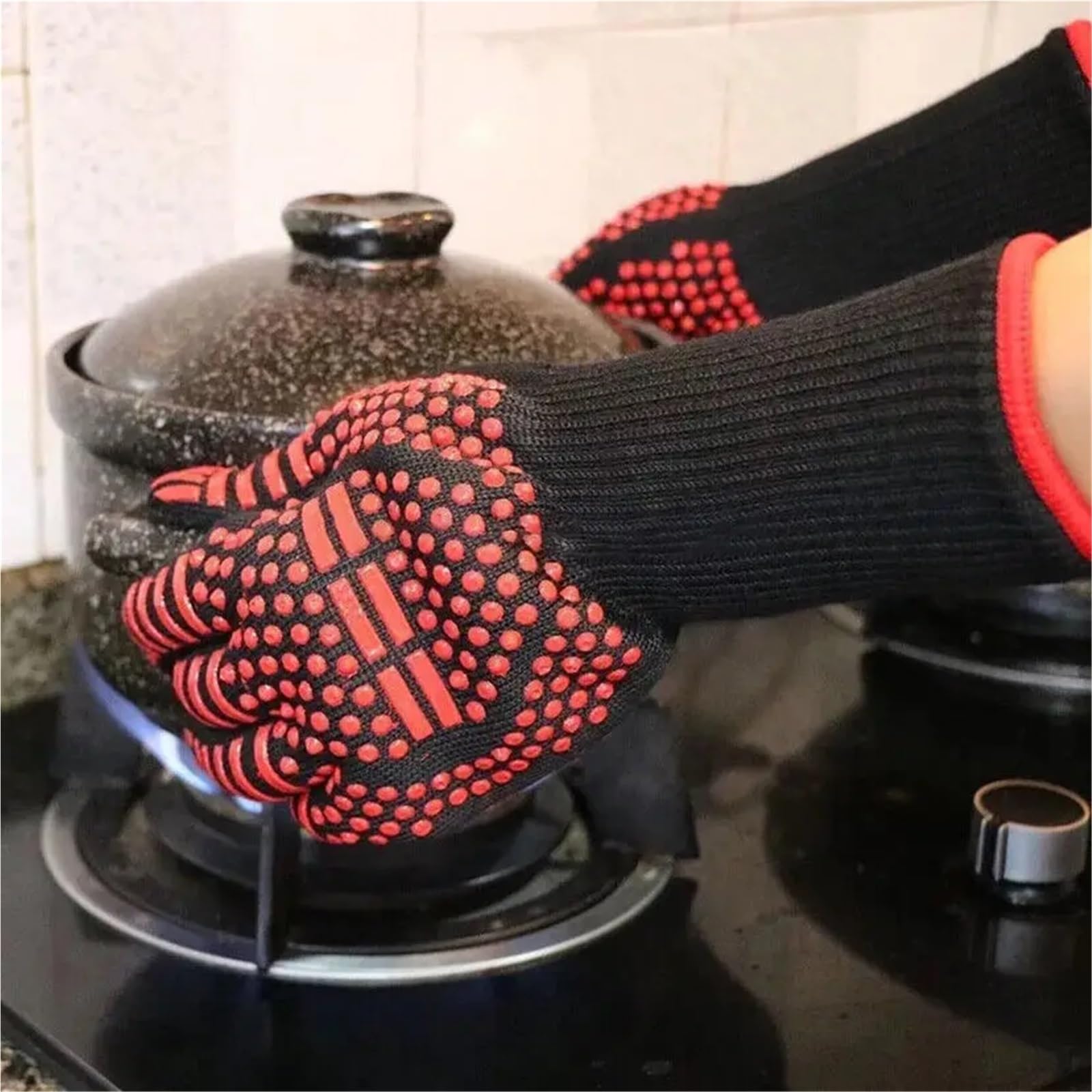 Guantes ignífugos de Cocina, Guantes Silicona Gruesos Resistentes al Calor for Barbacoa, Manoplas for Parrilla, for Lavar Platos, Hornear, Horno, for Asar para Barbacoa(1Pair Black Dot)