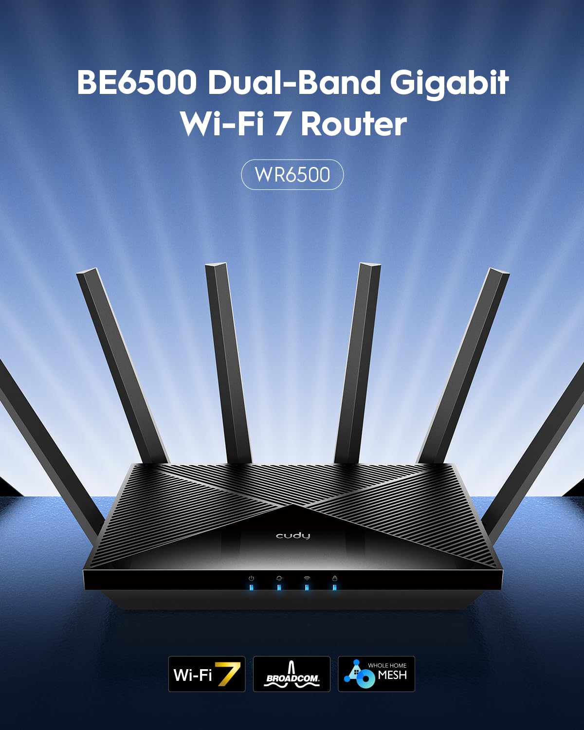 Cudy BE6500 WiFi 7 Router Da Gioco Gigabit Dual Band, 6500Mbps, Client/Server VPN, Controllo APP Cudy, CPU Quad-Core Broadcom 2 GHz, WR6500