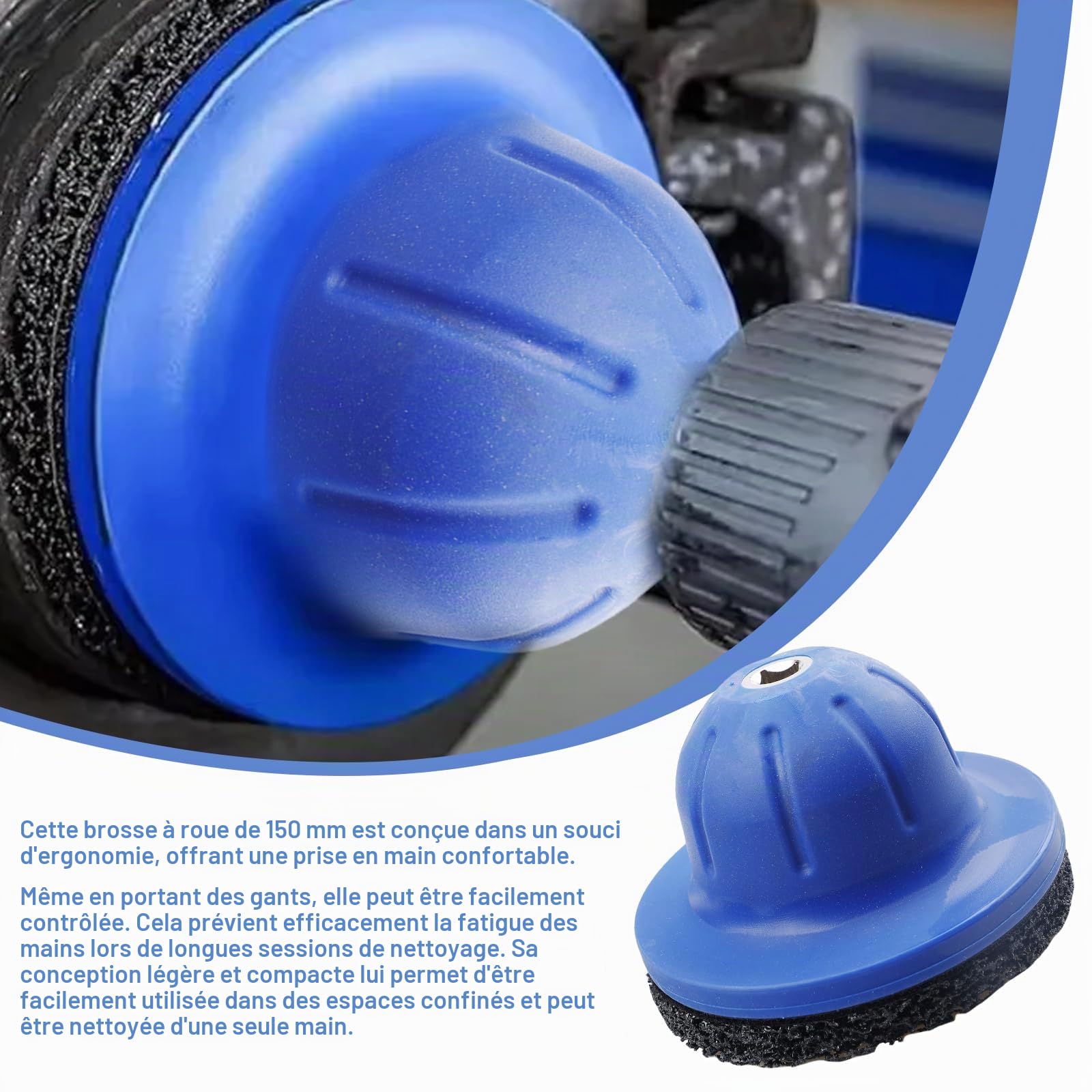 Brosse de moyeu de roue 150 mm : diamètre intérieur 90 mm brosse à godet pour le nettoyage, ponceuse de moyeu de roue en plastique avec clé de 1/2 pouce pour le changement de pneus et le