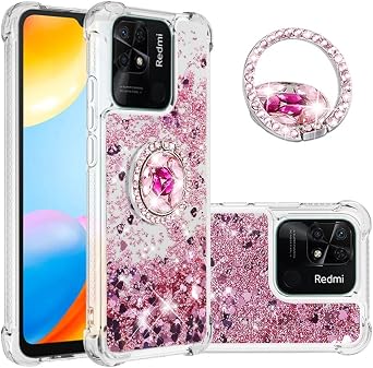 CCSmall for Xiaomi Redmi 10C Clear Case Glitter Ring Stand LSZ Rose Gold | Anti Yellowing TPU Quicksand Cover, Sparkle Liquid Design, Shock Absorbing Edges for Xiaomi Redmi 10C