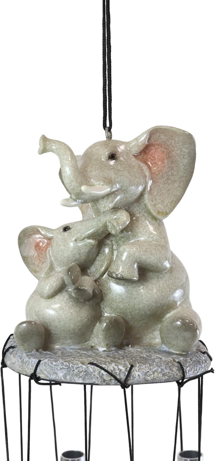 Ebros Gift Safari Savanna Elephant Family Bonding Time Figurine Crown Top Resonant Wind Chime with Trumpeting Elephants Ornaments for Garden Patio Home Animal Themed Decorative Accent