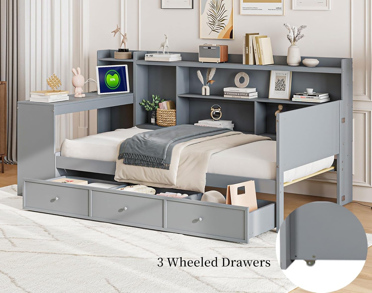 Merax Twin Size Corner Day Bed Frames with USB Outlets Desk and 3 Storage Drawers & Shelves Headboard, Pinewood Captain Daybed for Small Room, Bedroom, Guest Room, Kids' Room, Grey