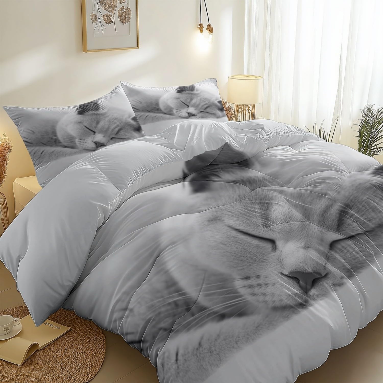Animale Domestico British Shorthair Coperta Copripiumino 260 Cm X 220 Cm Set Lenzuola Copripiumino – Microfibra Ultra Morbida, 3 Pezzi Con Zip Nascosta E Federe Coordinate Grigio Bianco
