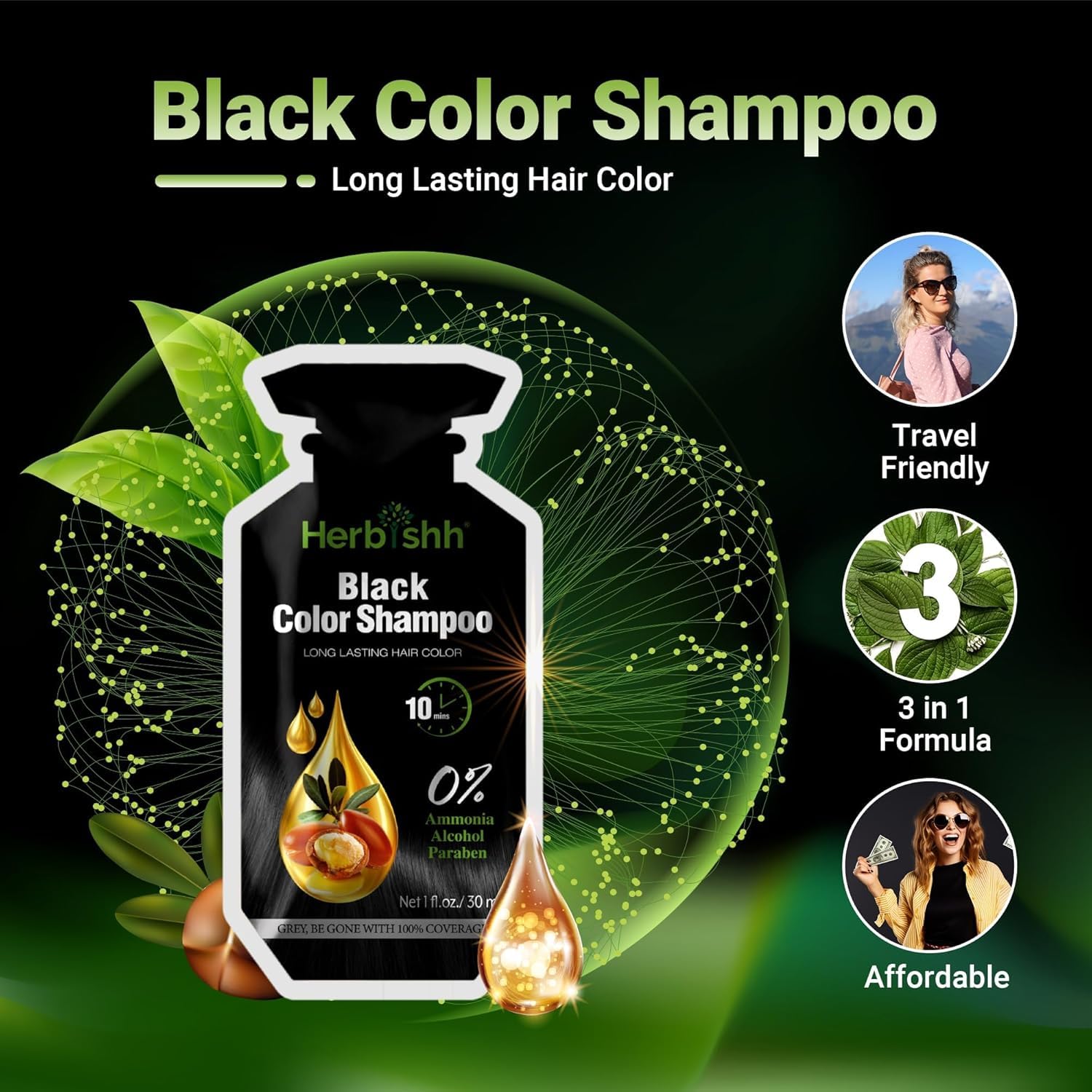 Herbishh Black Hair Dye Shampoo Kit with Argan Oil | PPD-Free 3-in-1 Hair Color + Deep Conditioner | Gray Coverage | Travel Sachets (10) + Mask + 30ml Argan Oil