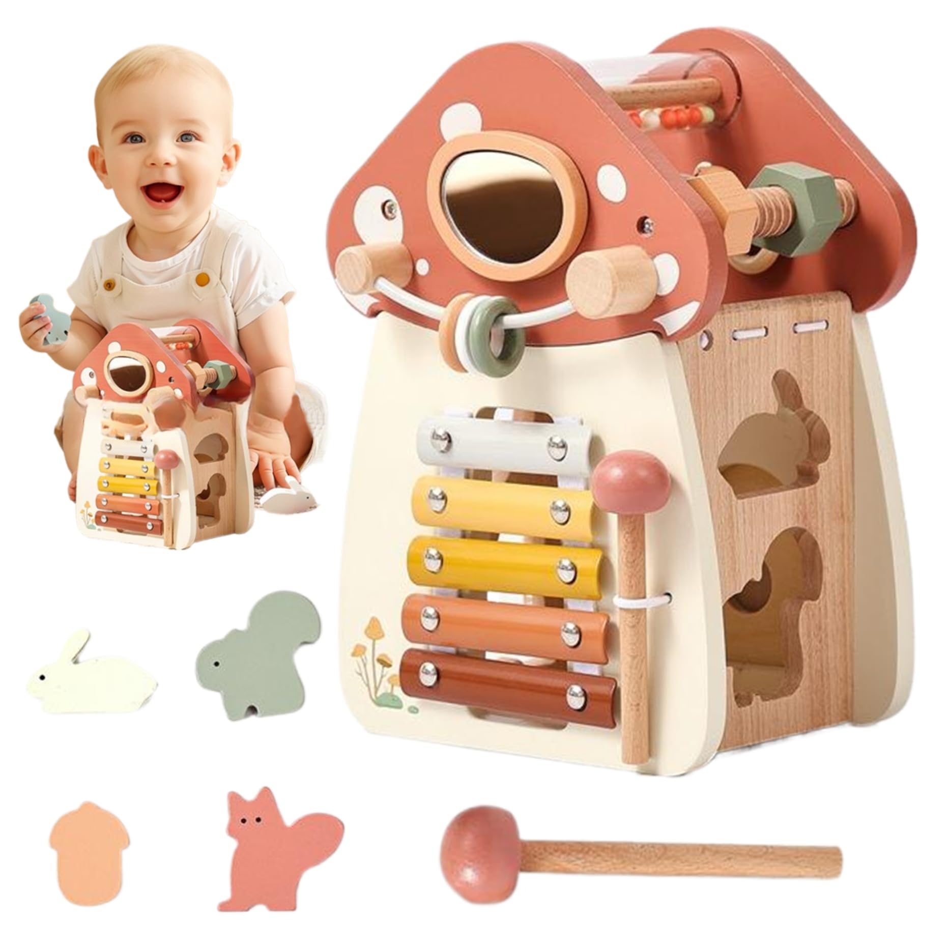 Cubo di attività per Bambini a Forma di Fungo 5 in 1 Cubo di attività in Legno per Bambini Giocattoli educativi per l'apprendimento Forma Sorter di per Ragazzi e Ragazze Complea
