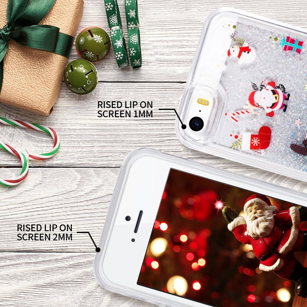 Maxdara iPhone SE/5S/5 Christmas Case [Screen Protector], Merry Christmas Giraffe Pattern Glitter Liquid Bling Sparkle Case Pretty Cute for Girls Children Gifts for iPhone SE/5/5S