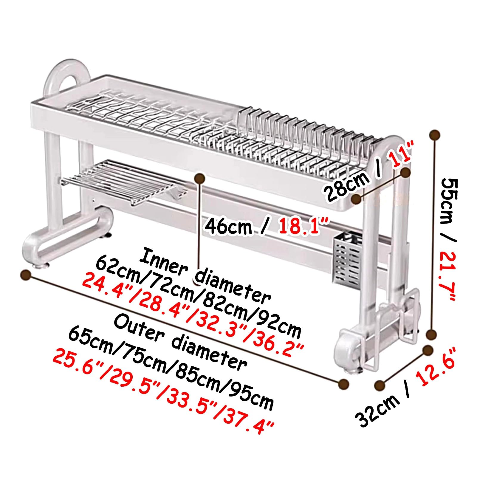 Escurreplatos de acero inoxidable blanco con patas de ventosa, transpirable y resistente, para encimera (95 x 32 x 55 cm), ideal para artículos esenciales de cocina