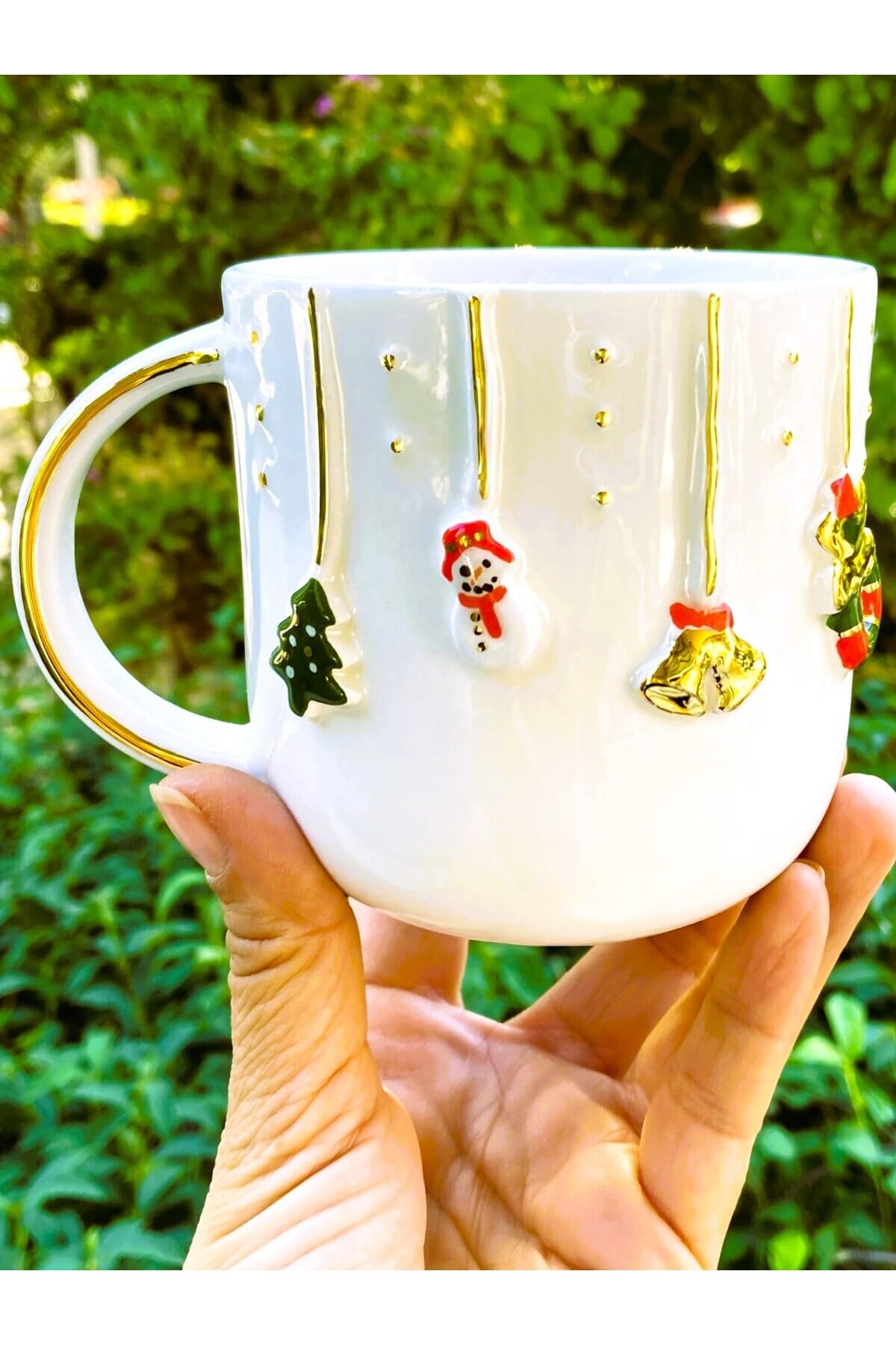CW Celine's Wonders Premium Kalite 24 Ayar Altın Detaylı El Yapımı Christmas Mug 450 Ml Gold Handmade