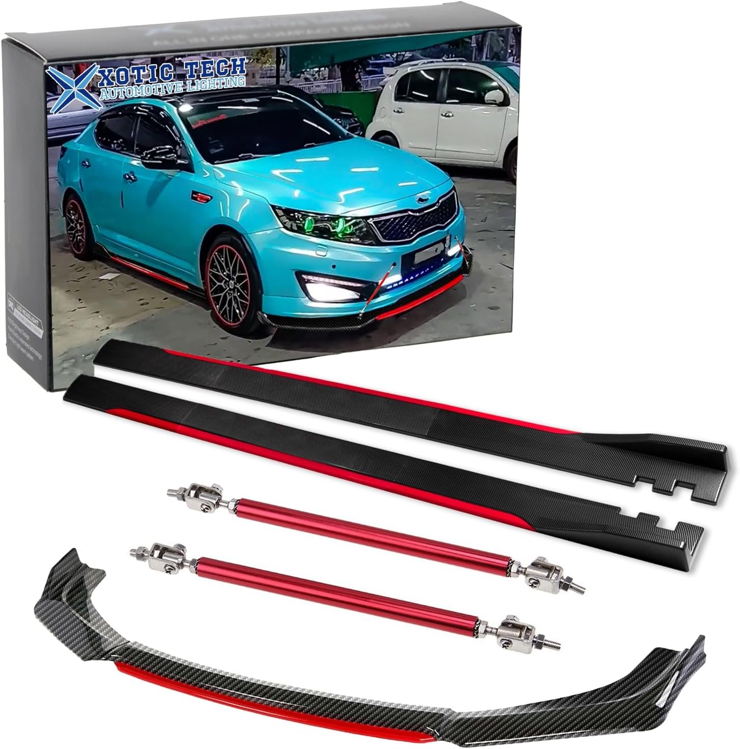 x xotic tech Front Bumper Lip Chin Spoiler+ 2M Side Skirt Winglets Diffusers+ Adjustable 10"-13" Support Rod Universal Fit Most Vehicles, Carbon Fiber w/Red