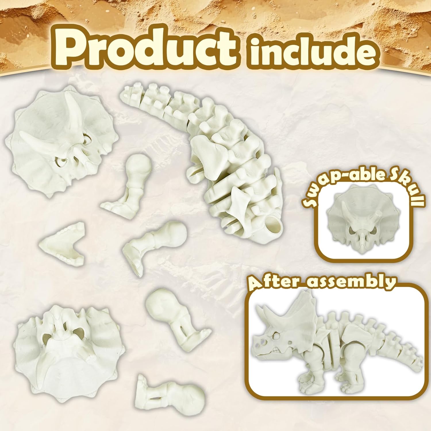 3D Printed Fossil Triceratops，3D Printed Anima Animal Bones，Dig & Discover Dino Triceratops Dinosaur Skeleton 3D Fossil Bones Excavation,Fidget restlessness