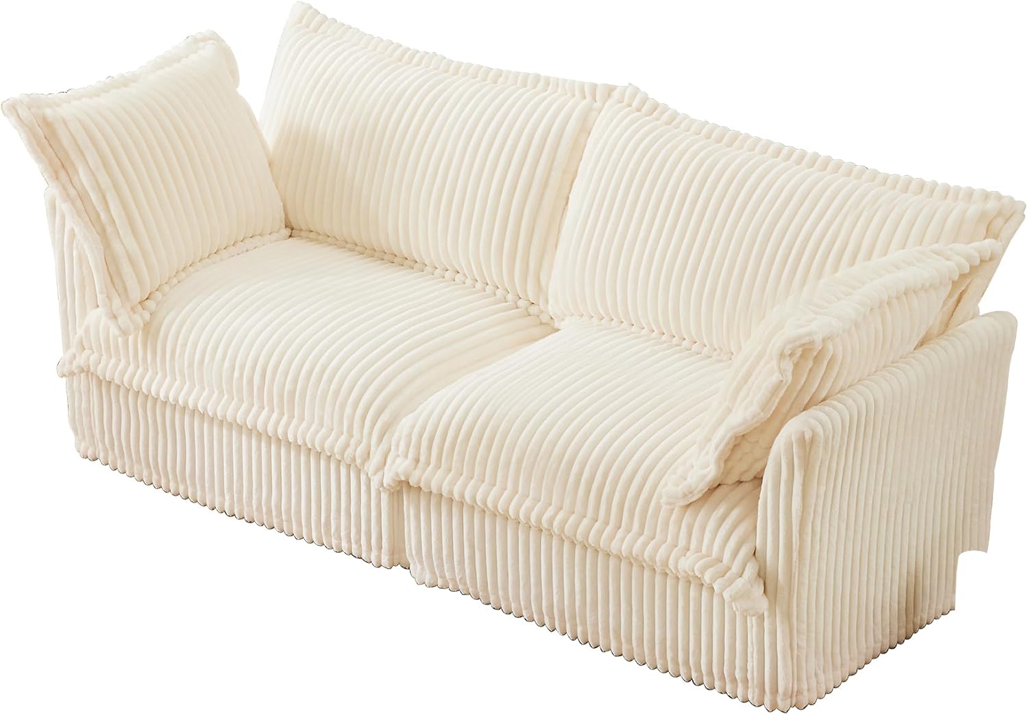 KEIKI 83" Corduroy Sectional Sofa, White Comfy Sleeper Cloud Couch Set with 2 Pillows, Modern Deep Soft Cushion Seat Sofa, Cozy Upholstered Loveseat for Apartment & Living Room, Cream