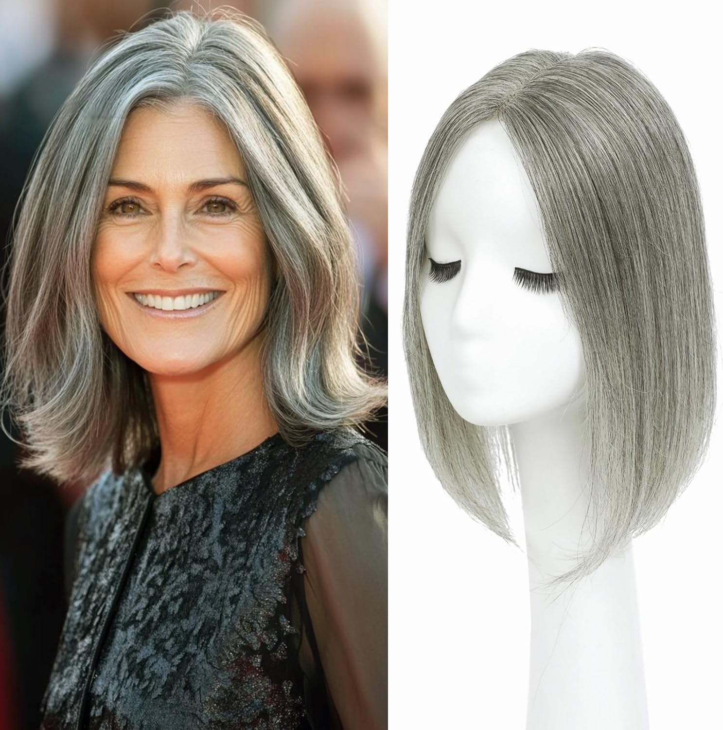 HOLFWALF Hair Toppers for Women Real Human Hair Pieces for Women Upgrade Large Swiss Base Hair Topper 12inch（Mixed Grey）