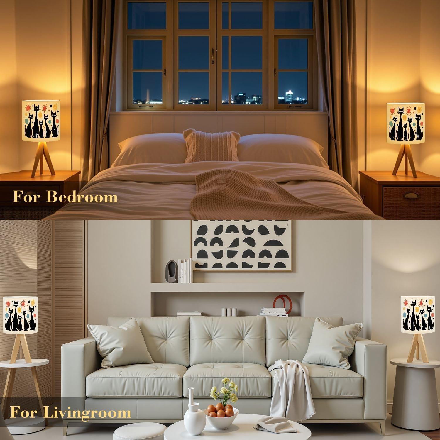 Tripod Table Lamp Mid Century Modern Atomic Cat Diamonds Black Retro Abstract Bedside Lamps Small Lamp Nightstand Lamp with Linen Lampshade Table Lamps for Bedroom Livingroom Nursery